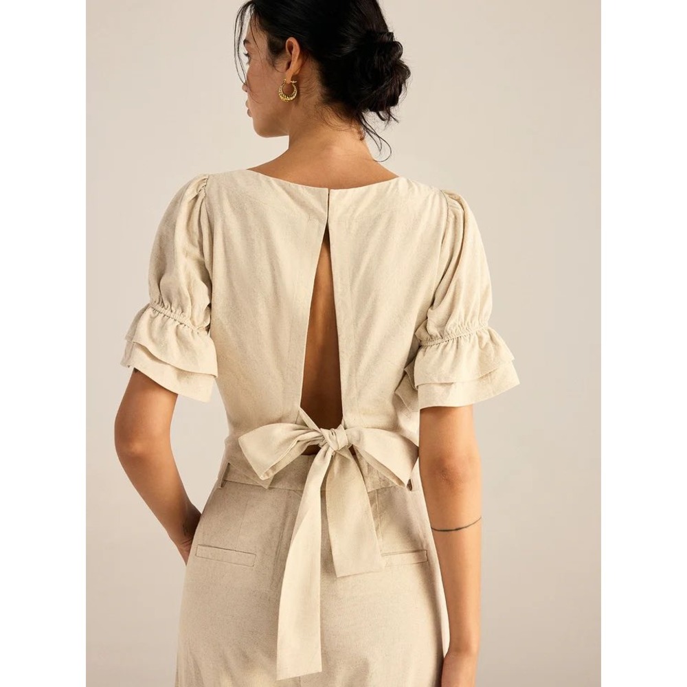 Commense Cream Tie-Back Puff Sleeve Crop Top